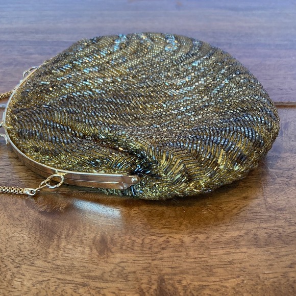 Vintage Kiss Lock‎ Elegant Gold Beaded Clutch Bag Purse Party Event Evening - Picture 9 of 12